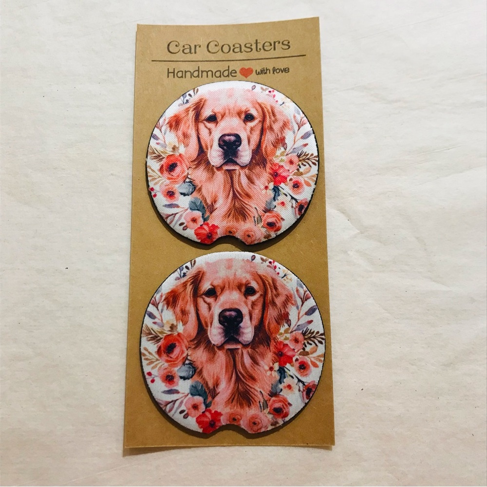 Handmade Floral Golden Retriever Dog Neoprene Car Coasters Set